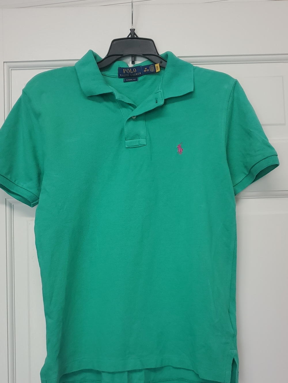 POLO BY RALPH LAUREN Boys Teal Green Short Sleeve Polo w/ Pink Pony, Size Medium
